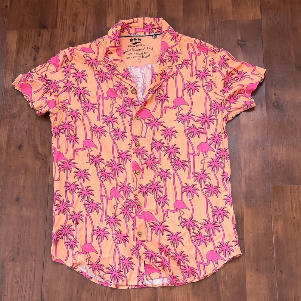 Tropical Flamingo Palm Short-Sleeve Button-Down Shirt - Pink/Peach